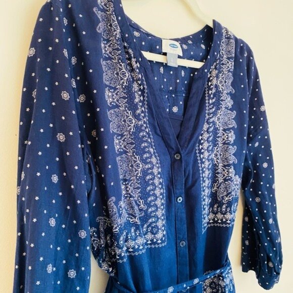Old Navy Women's Navy Blue Handkerchief Pattern Button-Down Dress W/ Belt Size L - Picture 5 of 7
